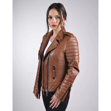 Women`s Creased Antique Brown Leather Biker Jacket