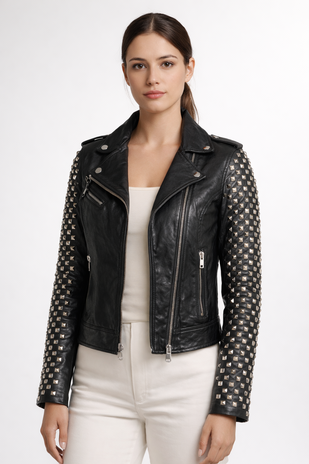 Women's Black Genuine Leather Dome Stud Jacket - Premium Studded Biker Style - Luxurena Leather