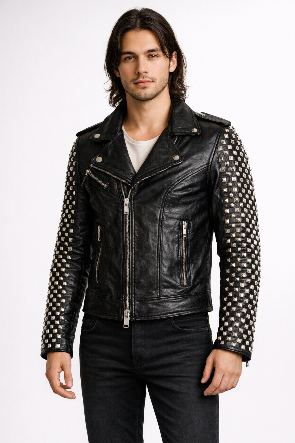 Men's Black Genuine Leather Dome Stud Biker Jacket - Premium Studded Motorcycle Style - Luxurena Leather