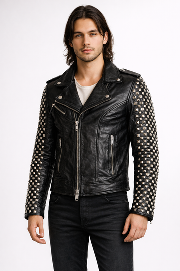 Men's Black Genuine Leather Dome Stud Biker Jacket - Premium Studded Motorcycle Style - Luxurena Leather