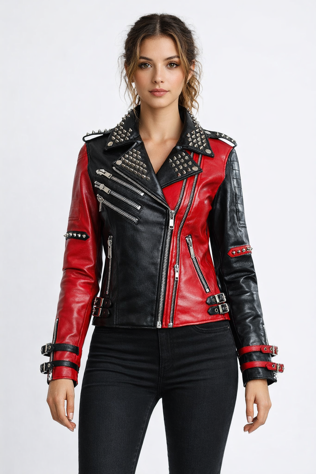 Women's Black & Red Studded Genuine Leather Biker Jacket – Premium Dual Tone Moto Style - Luxurena Leather