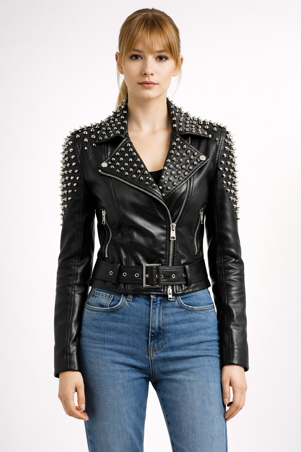 Women's Black Genuine Leather Studded Biker Jacket - Premium Spiked Brando Style - Luxurena Leather