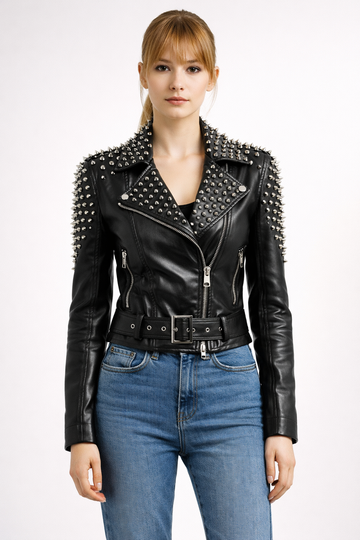 Women's Black Genuine Leather Studded Biker Jacket - Premium Spiked Brando Style - Luxurena Leather