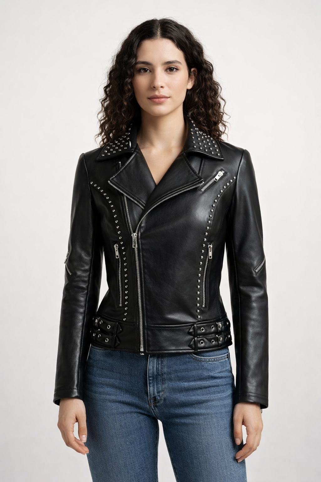 Women's Black Genuine Leather Studded Biker Jacket - Slim Fit Premium Motorcycle Style - Luxurena Leather