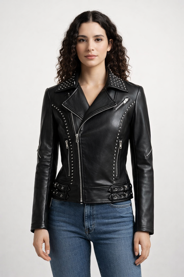 Women's Black Genuine Leather Studded Biker Jacket - Slim Fit Premium Motorcycle Style - Luxurena Leather