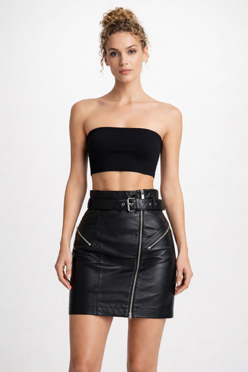 Women’s Black Genuine Leather Belted Zip Mini Skirt - Butter Soft Premium Finish