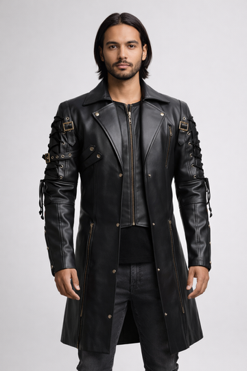 Men's Black Genuine Leather Van Helsing Steampunk Trench Coat - Premium Cosplay Costume