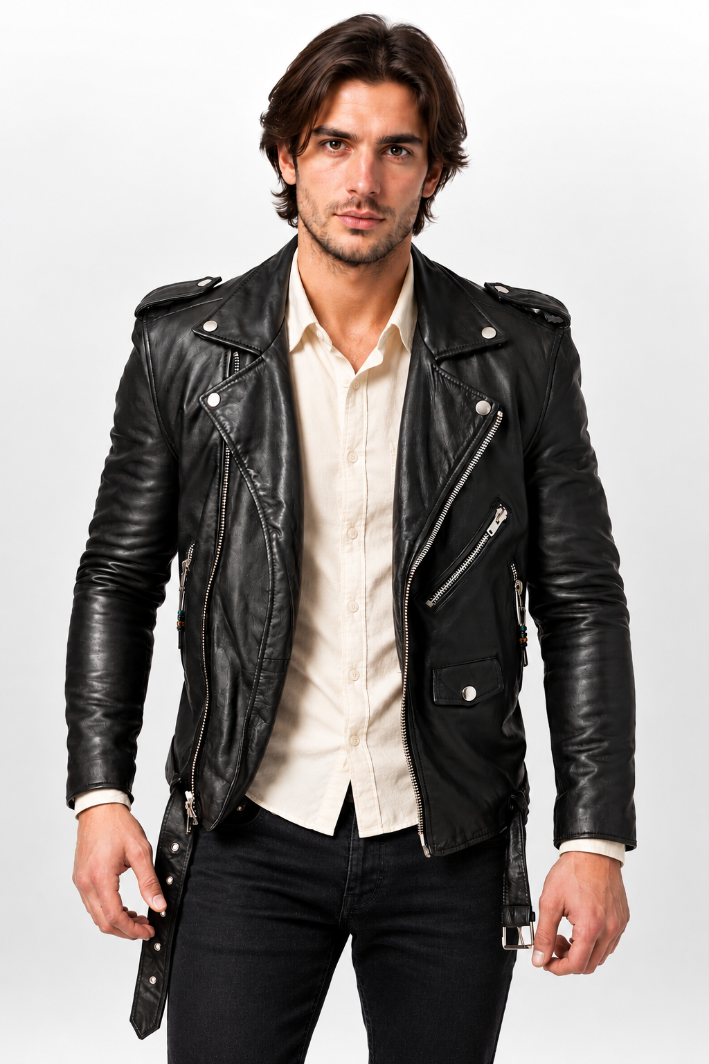 Men's Black Genuine Leather Biker Jacket with Belt - Classic Motorcycle Style
