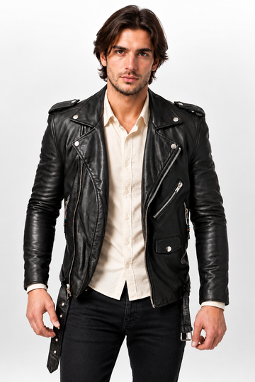 Men's Black Genuine Leather Biker Jacket with Belt - Classic Motorcycle Style
