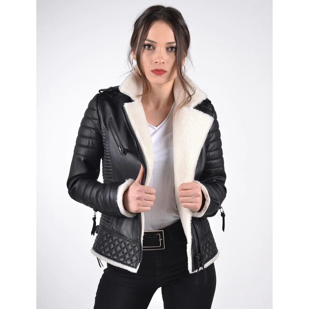 Women's White Shearling Leather Biker Jacket