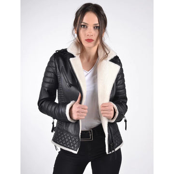 Women's White Shearling Leather Biker Jacket