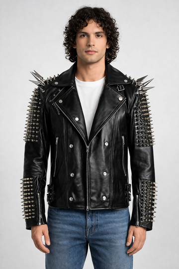 Men's Black Genuine Leather Spike Studded Punk Jacket - Clubwear Biker Style - Luxurena Leather