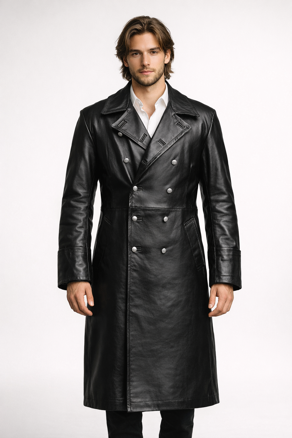 Men's Black Genuine Leather WW2 German Officer Trench Coat - Classic Military Long Coat - Luxurena Leather