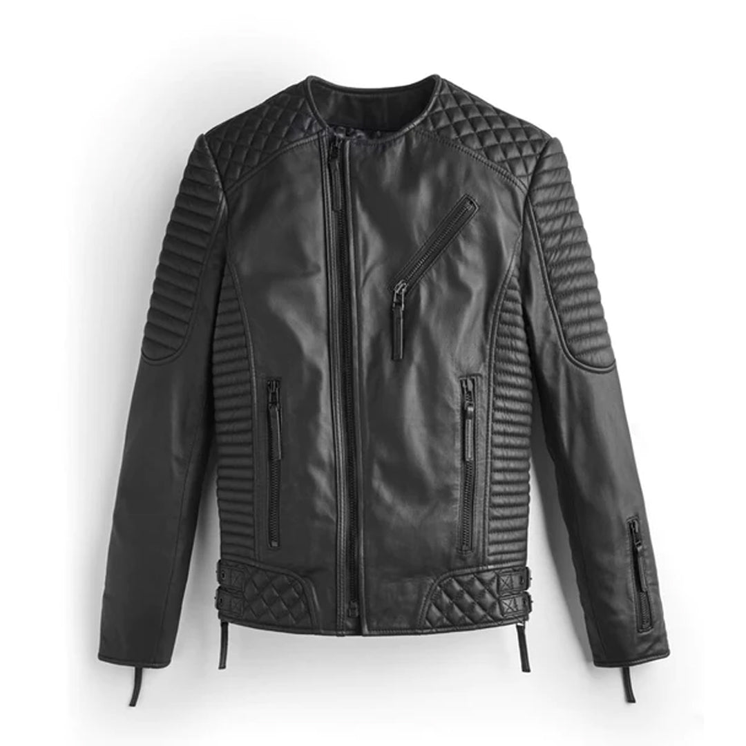 Men`s Collarless Black Leather Jacket