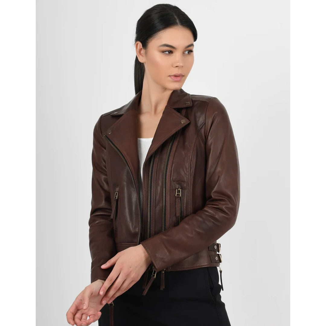 Women’s Vax Brown Classic Biker Leather Jacket - Luxurena Leather