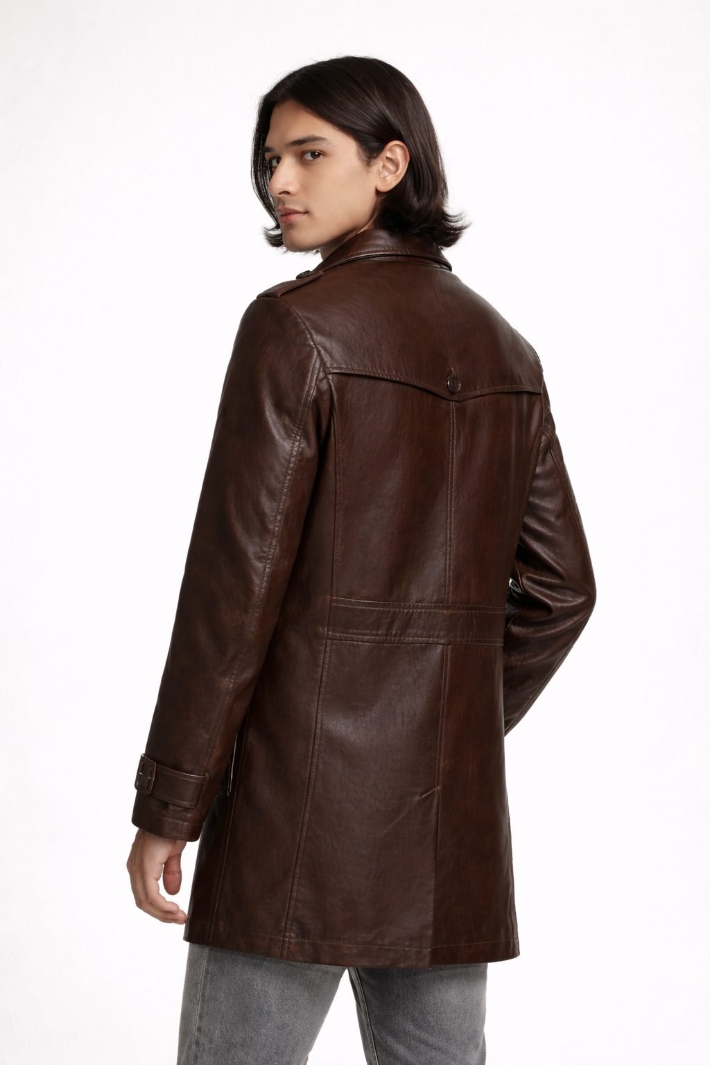 Men's Brown Genuine Leather Mid-Length Coat - Premium Tailored Fit Leather Jacket