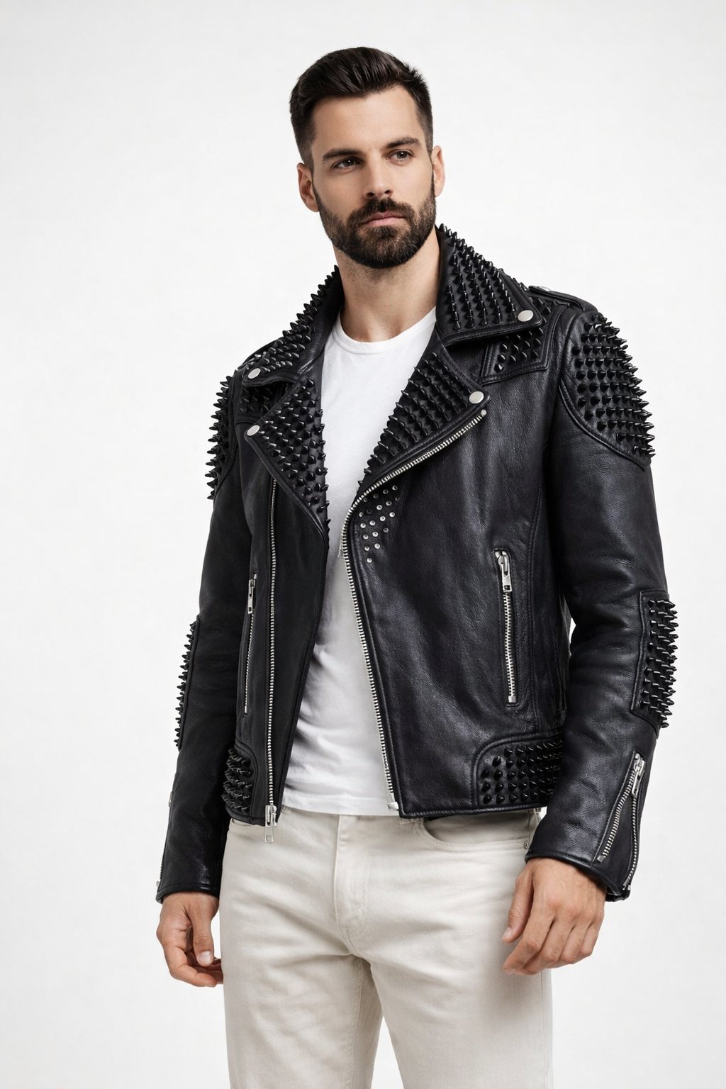 Men’s Black Studded Genuine Cowhide Leather Biker Jacket