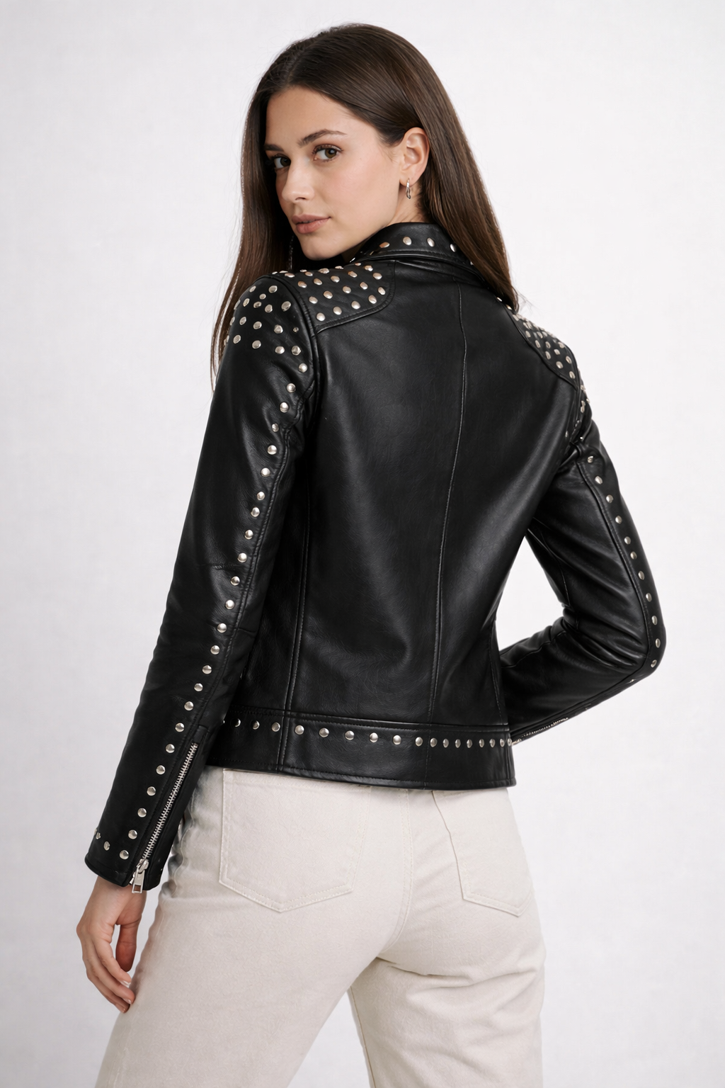 Women's Black Genuine Leather Studded Biker Jacket - Premium Slim Fit - Luxurena Leather