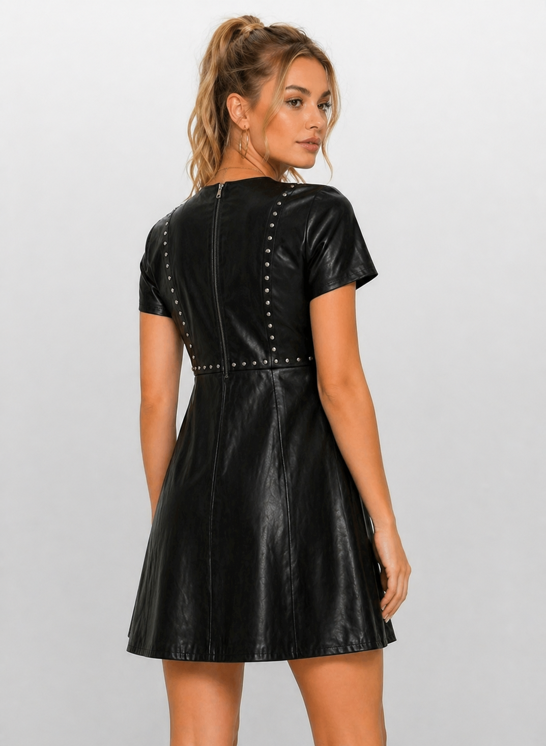 Women's Black Genuine Leather Studded Mini Dress - Fit & Flare Silhouette - Luxurena Leather