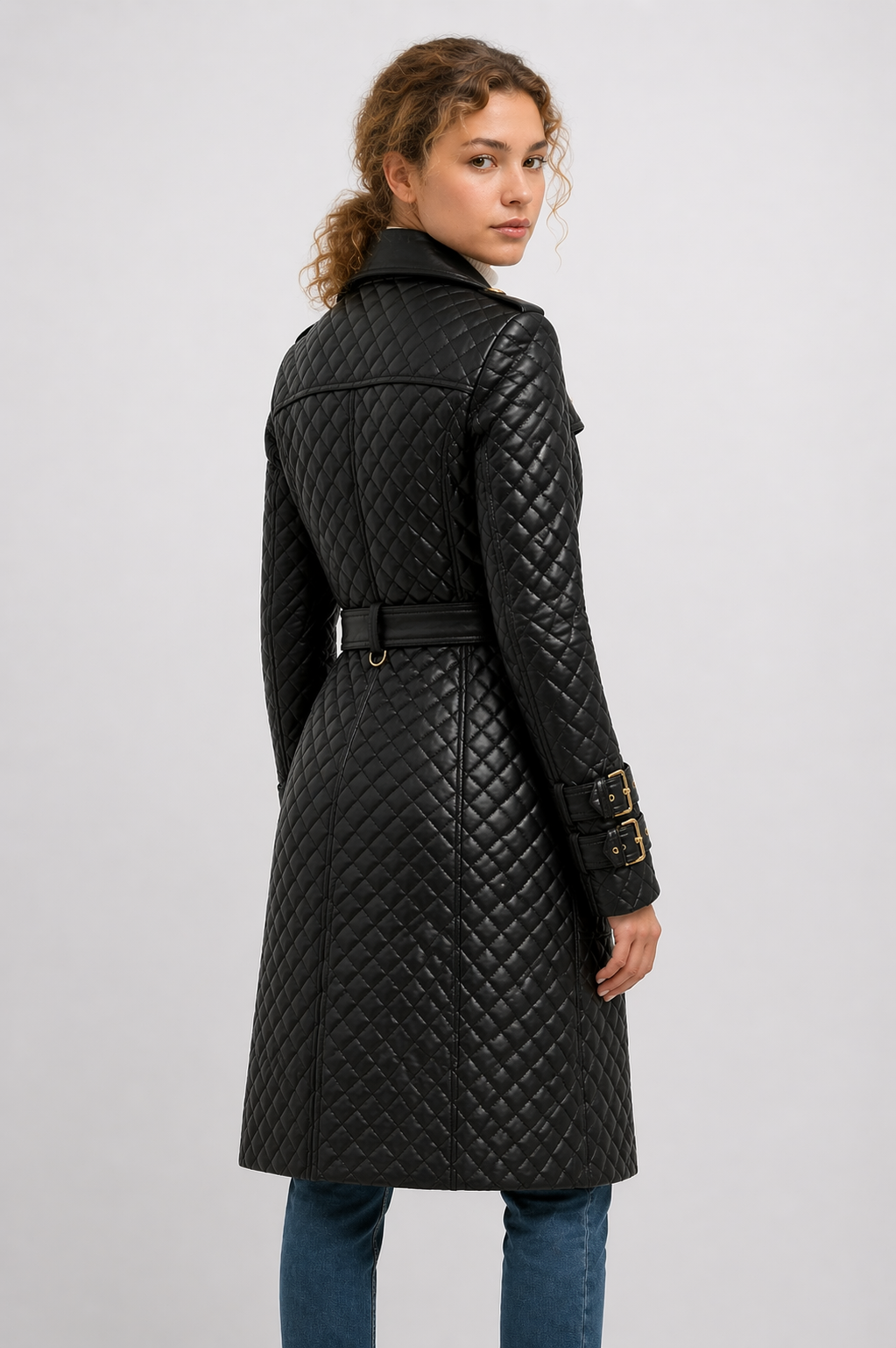 Women's Black Genuine Leather Quilted Double-Breasted Trench Coat - Belted Luxury Fit - Luxurena Leather