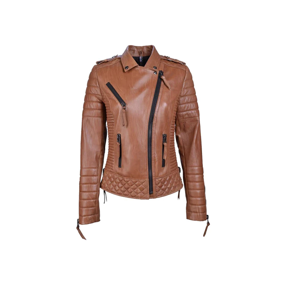Women`s Creased Antique Brown Leather Biker Jacket