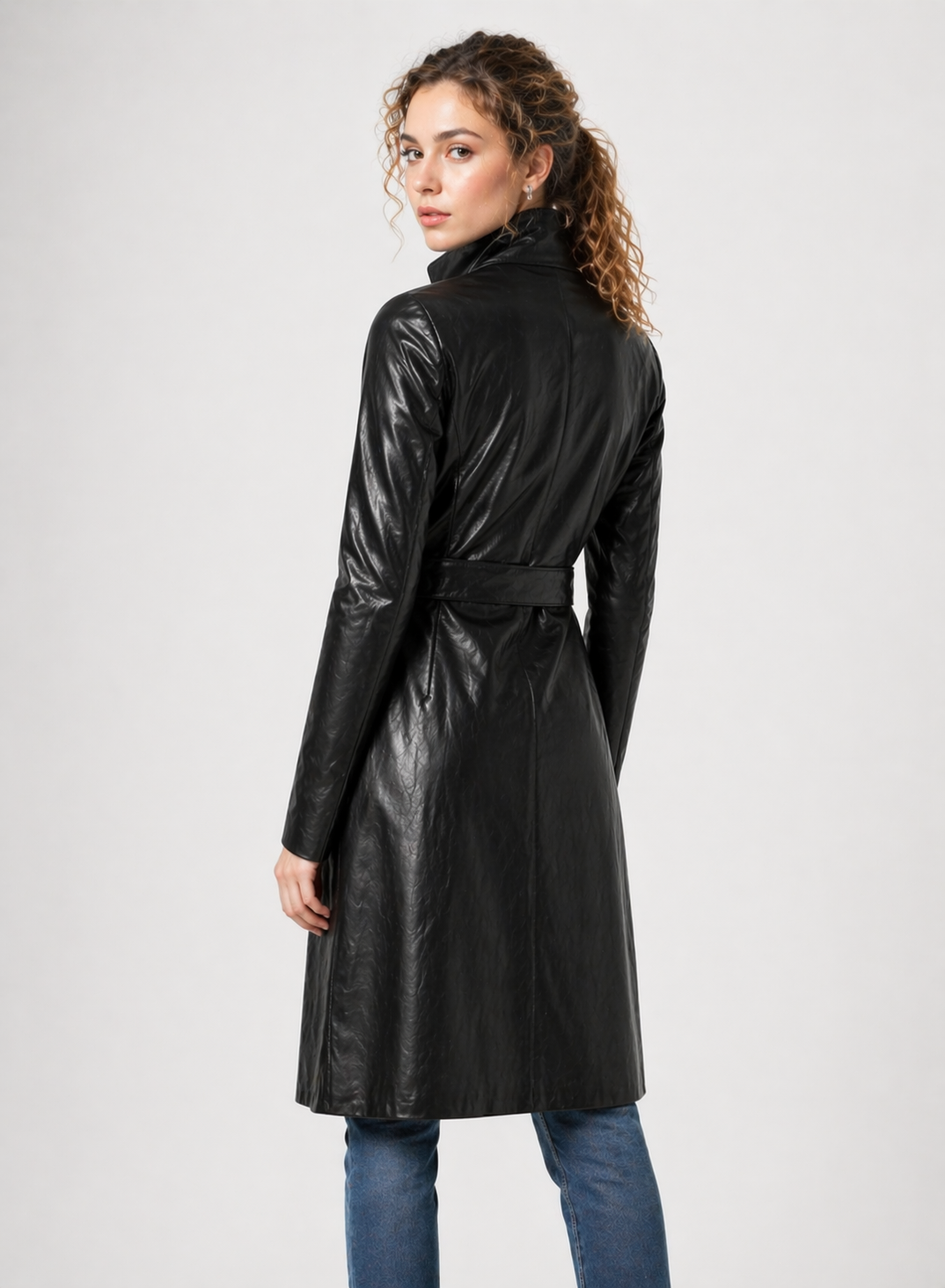 Women's Black Genuine Leather High Neck Belted Long Coat - Structured Fit - Luxurena Leather