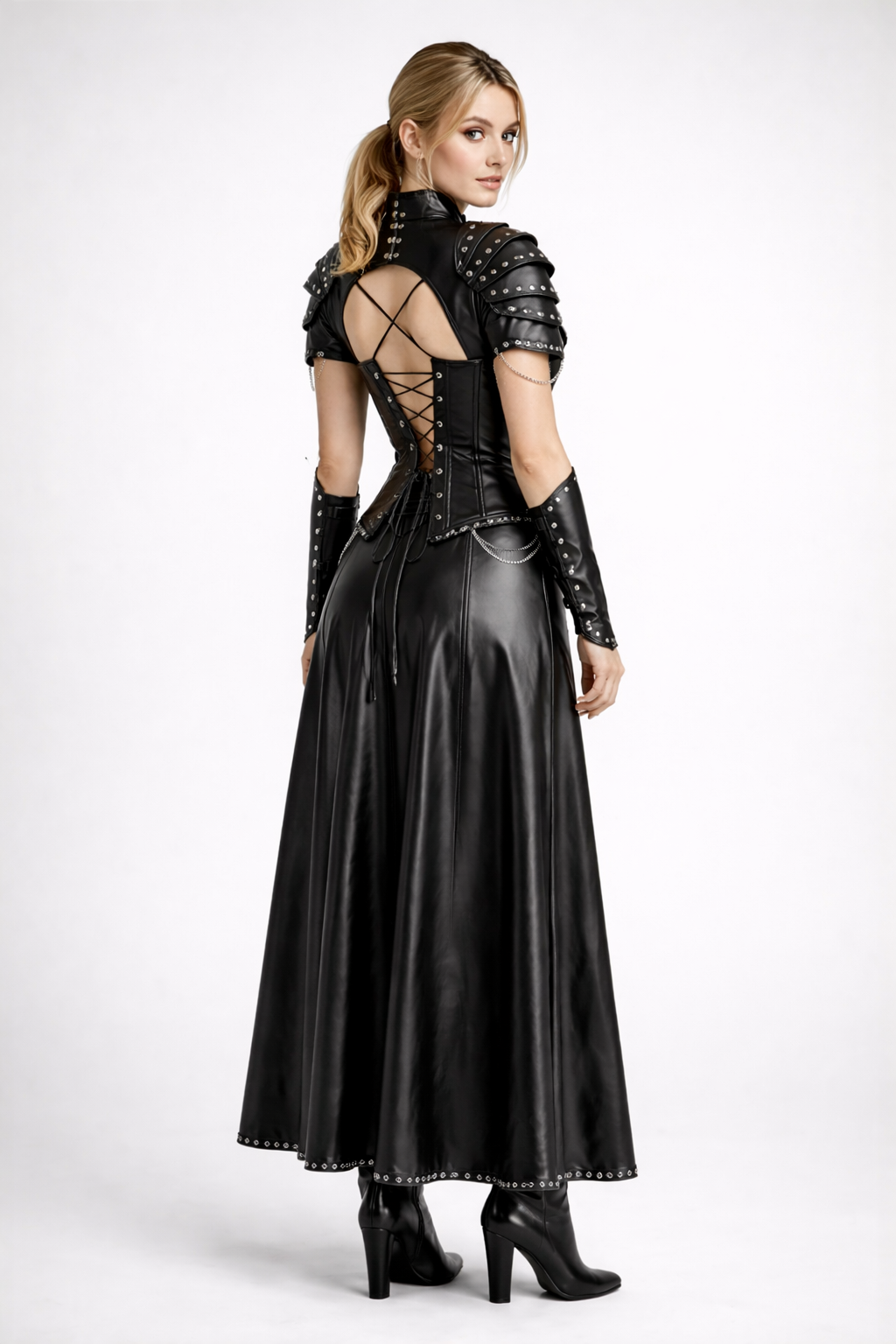 Women's Black Genuine Leather Gothic Corset Dress - Studded Armor Cosplay Costume