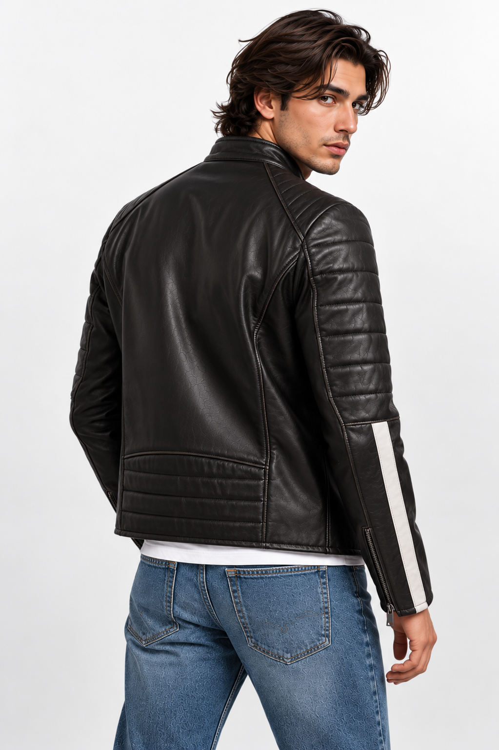 Men's Genuine Black Leather Racer Jacket with Striped Sleeves