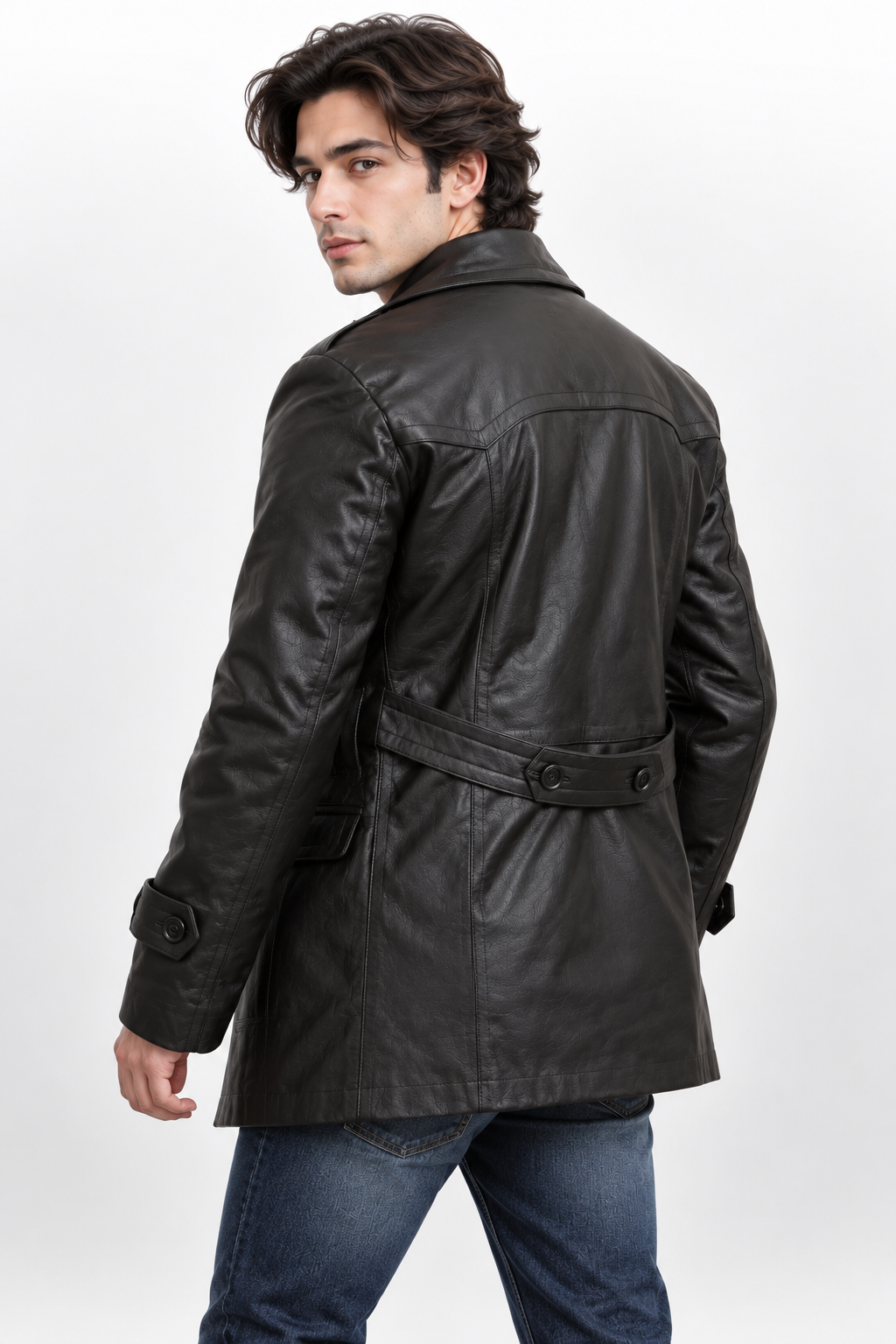 Men's WWII German Military Inspired Black Leather Coat - Double-Breasted
