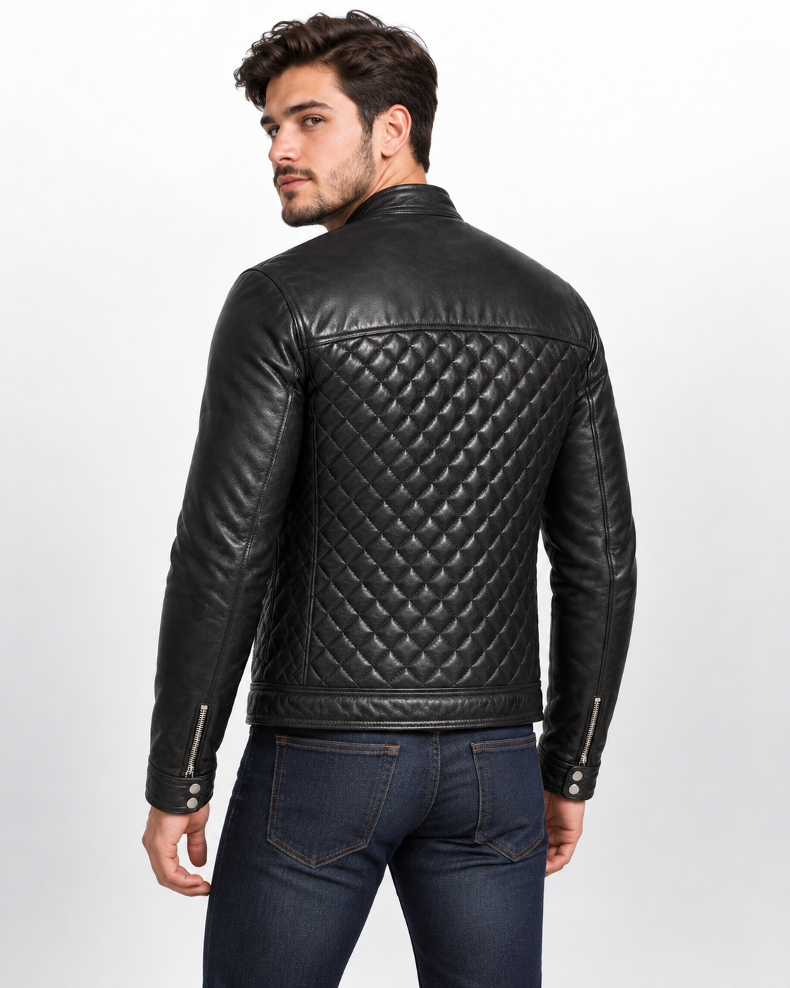 Men's Black Leather Cafe Racer Jacket - Quilted Motorcycle Bomber
