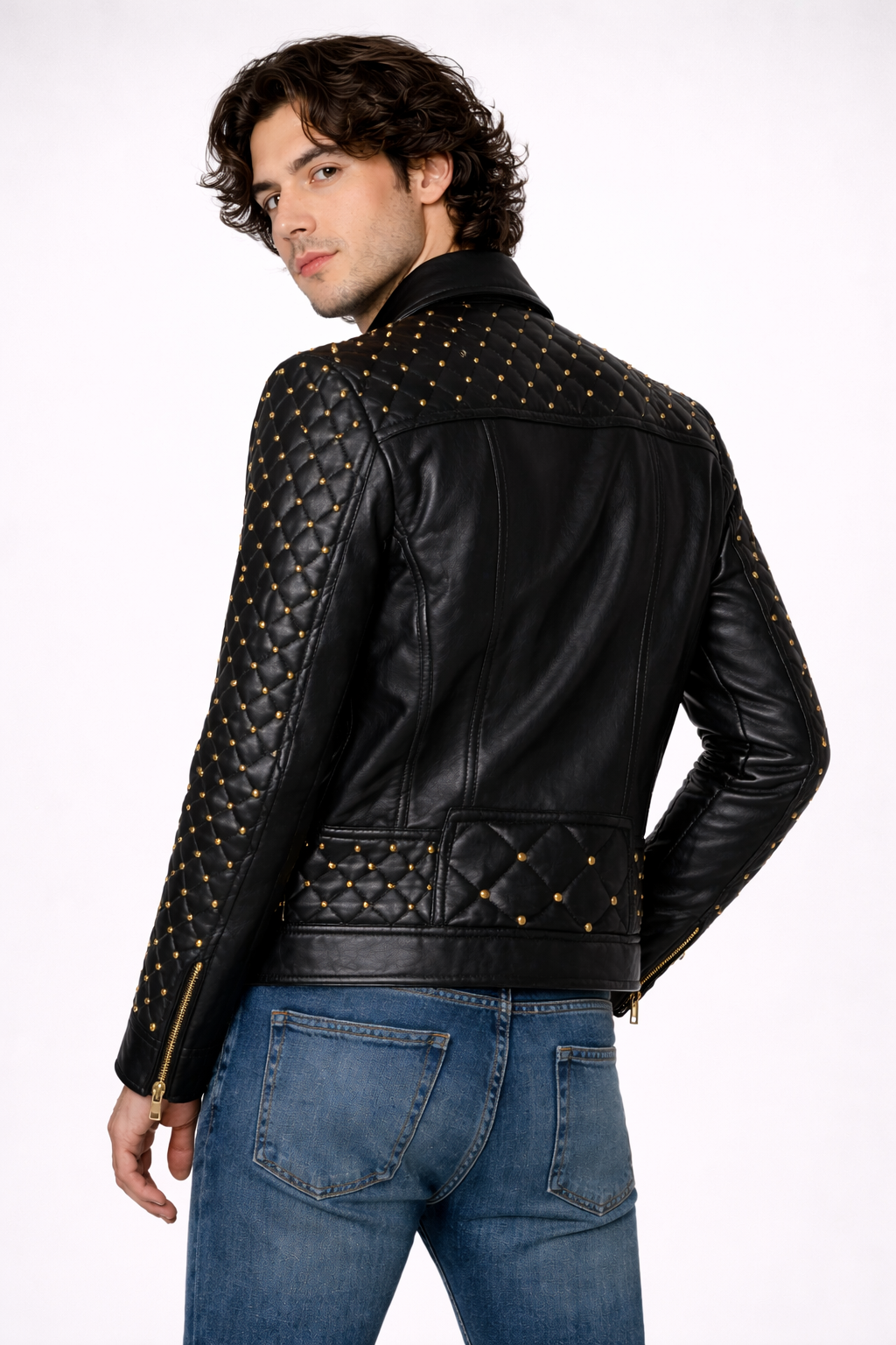 Men's Black Genuine Leather Quilted Gold Studded Brando Classic Jacket