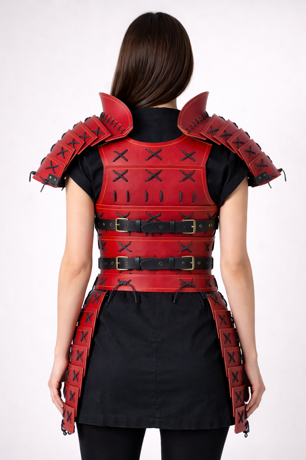 Women's Red & White Genuine Leather Samurai Armor Set - Detachable Pauldrons & Thigh Tassets Cosplay Costume