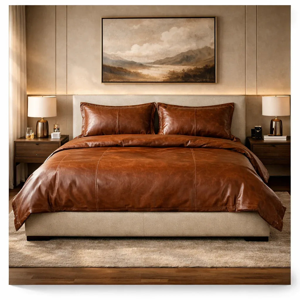 Luxury Brown Genuine Leather Bedding Set - Duvet Cover, Bedsheet & Pillowcases
