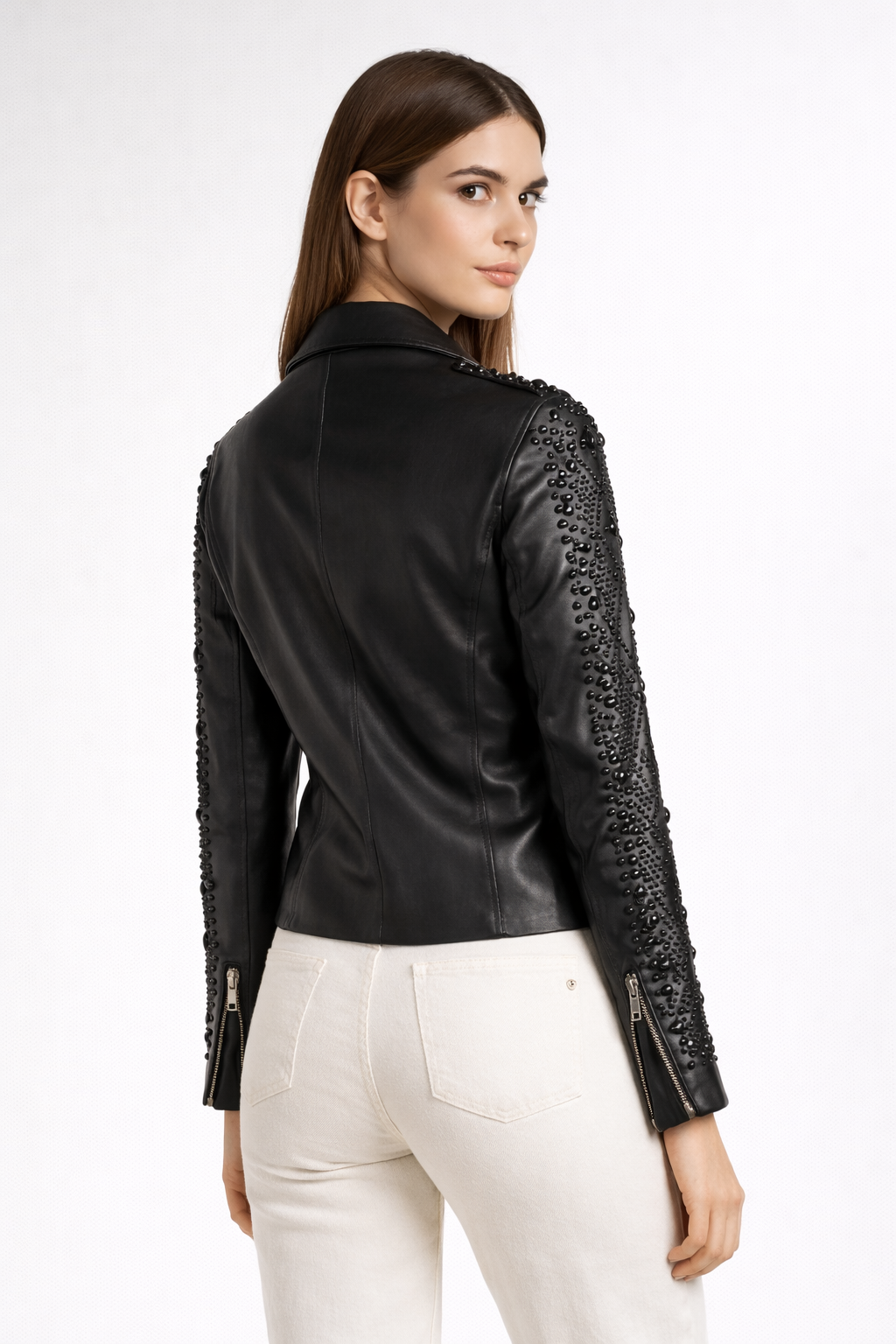 Women's Black Genuine Leather Tonal Full Studded Jacket - Slim Fit Luxury Biker Style - Luxurena Leather