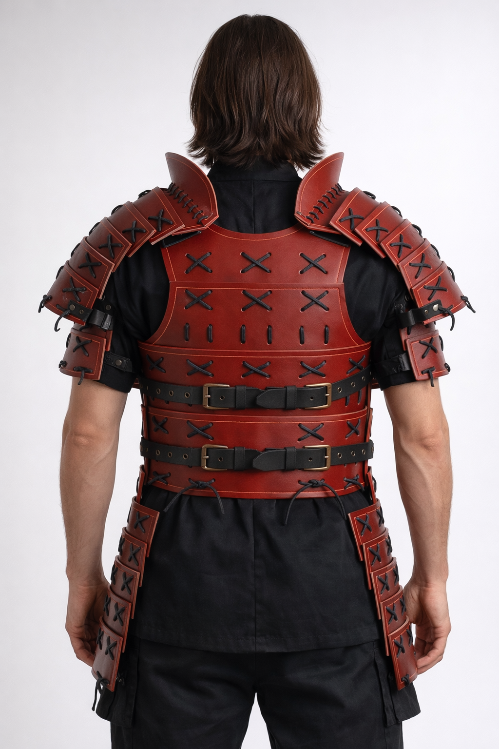 Men's Genuine Leather Medieval Samurai Armor Red and White With Detachable Shoulder Pauldrons & Thigh Armor Tassets For Halloween Theme Cosplay Costume - Luxurena Leather