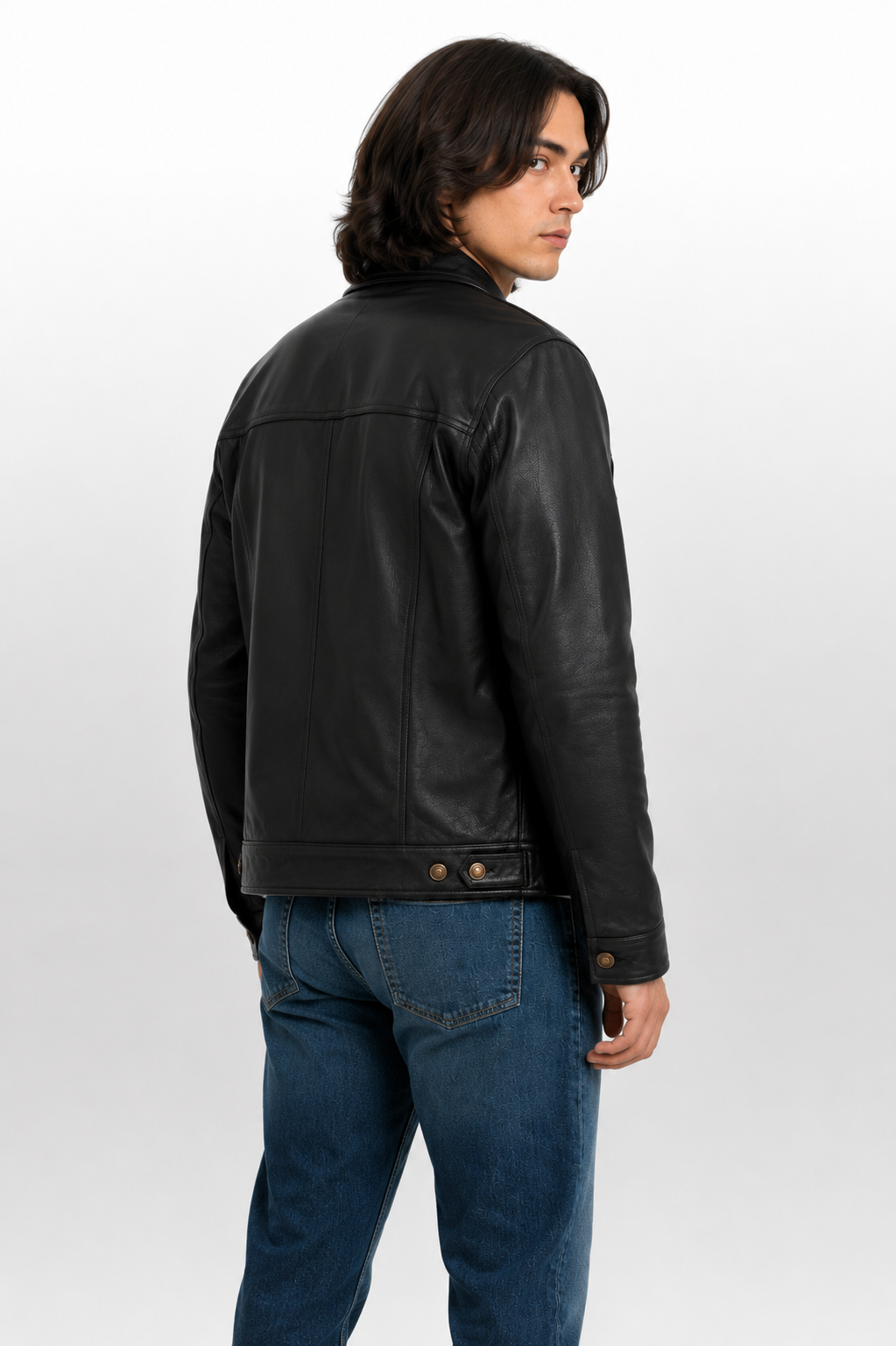 Men's Western Black Full-Grain Cowhide Leather Trucker Jacket