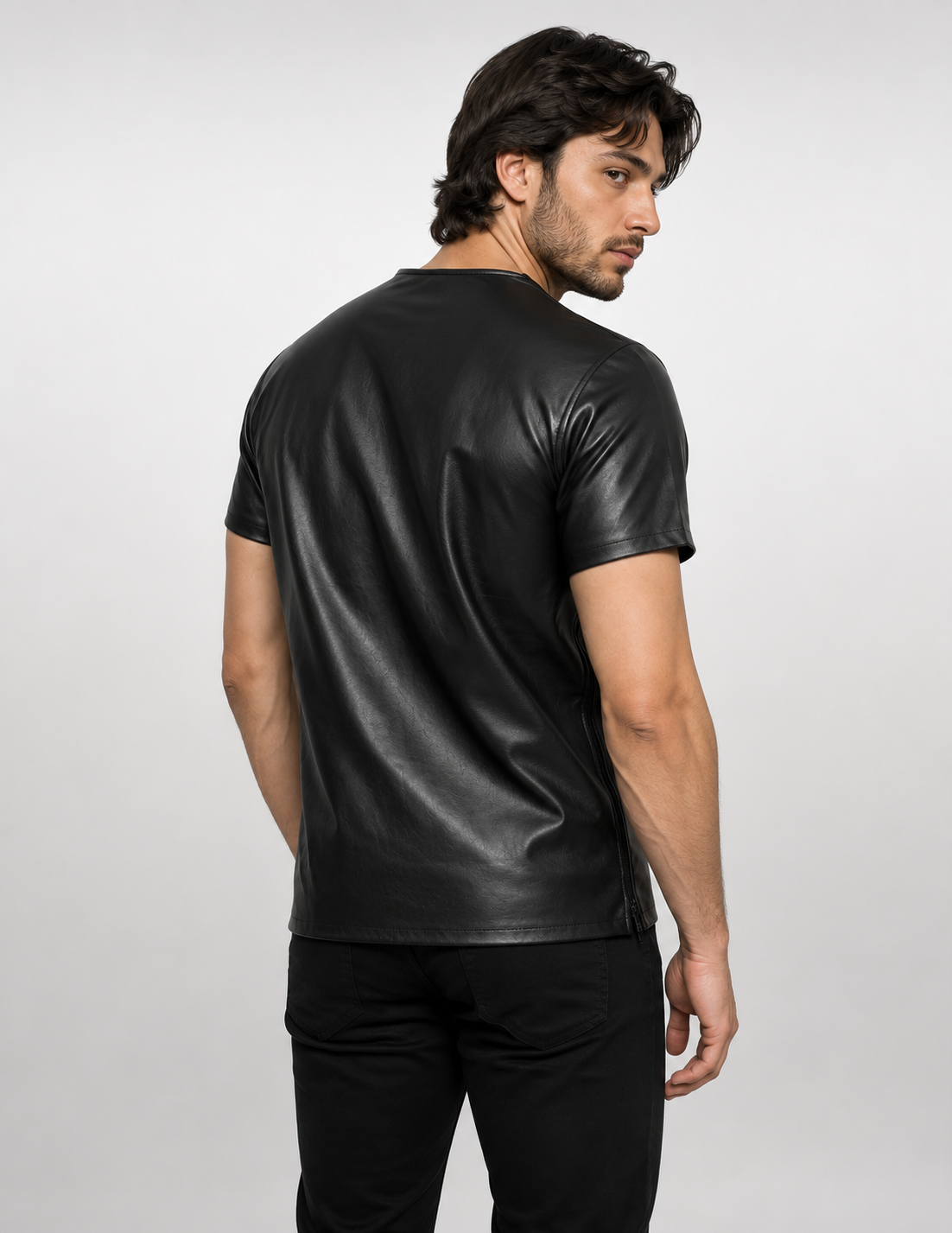 Men's Black Genuine Cow Leather Short Sleeve Shirt - Round Neck Leather T-Shirt