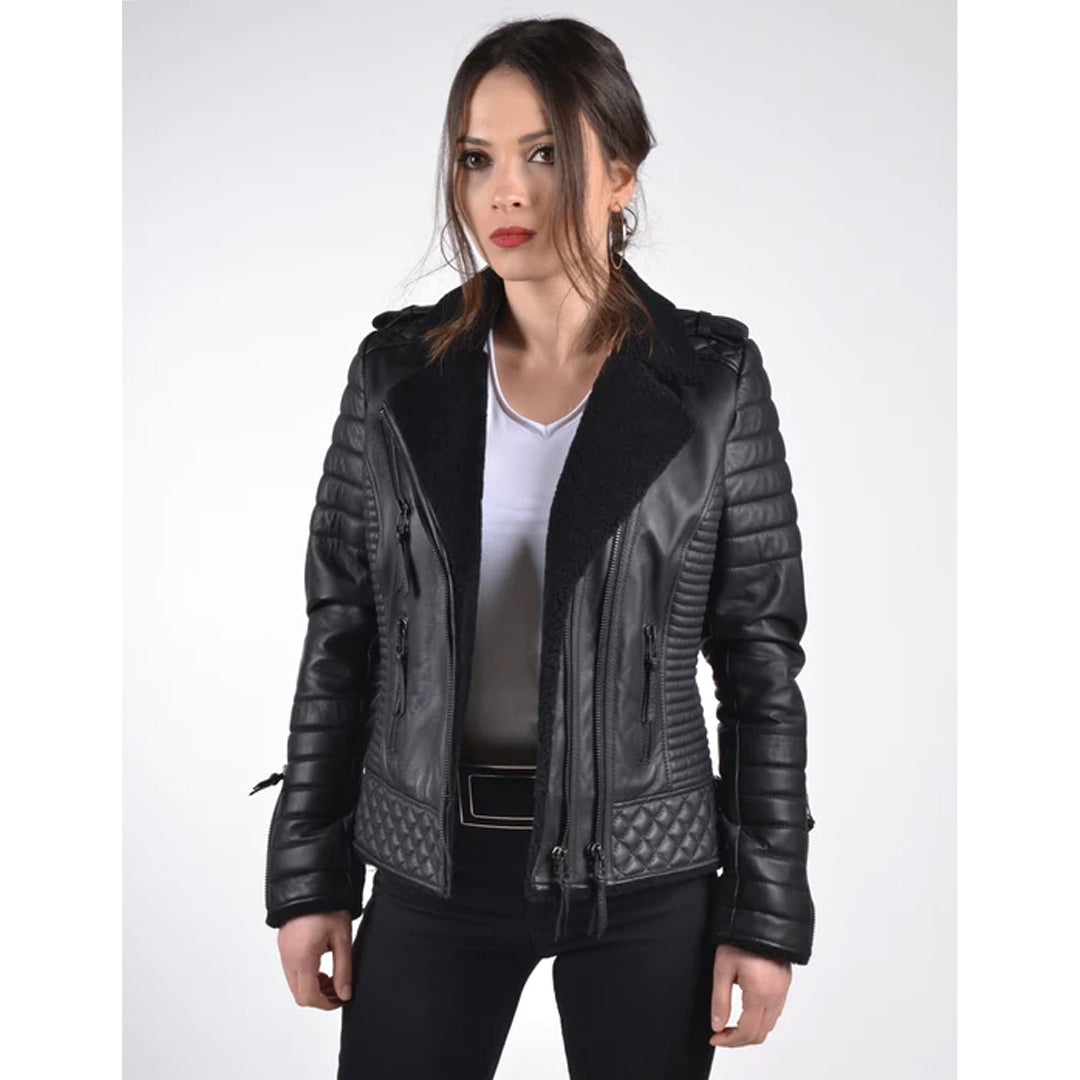 Women's Shearling Black Leather Biker Jacket