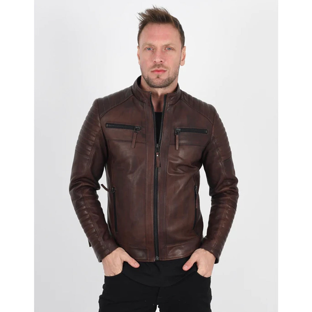 Men's Quilted Vax Brown Leather Jacket - Luxurena Leather