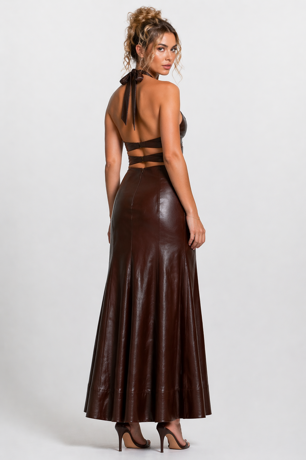 Women's Brown Genuine Leather Halter Cutout Maxi Dress with Belted Waist - Sculpted Fit Luxury Leather Gown