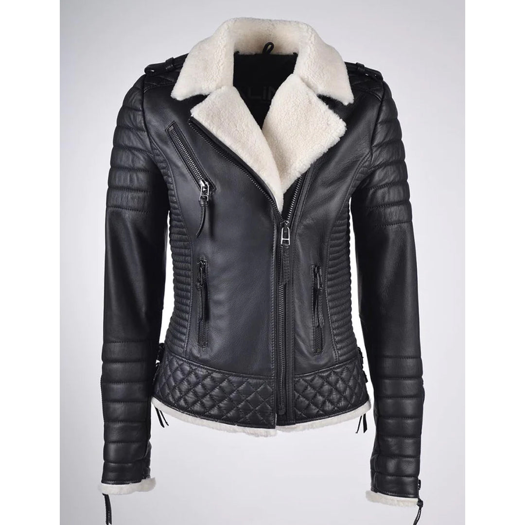 Women's White Shearling Leather Biker Jacket
