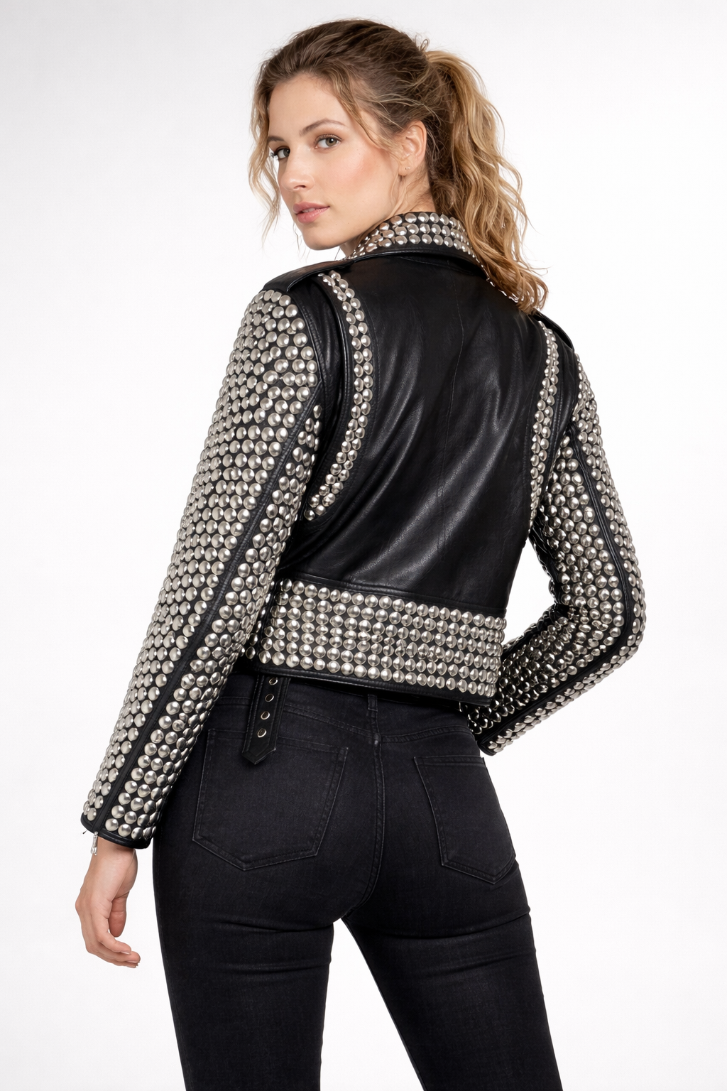 Women's Black Genuine Leather Studded Biker Jacket - Premium Silver Studded Luxury Fit - Luxurena Leather