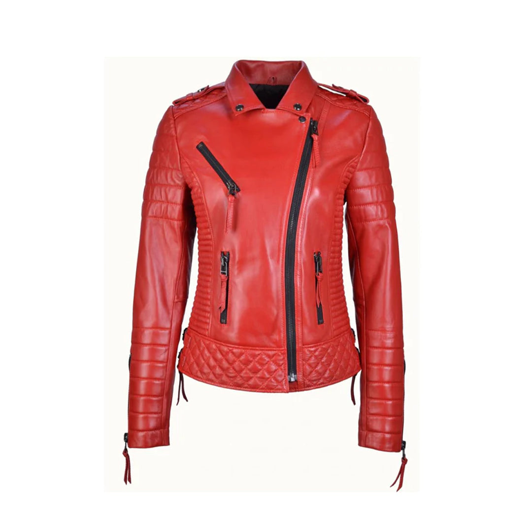 Women`s Red Biker Leather Jacket