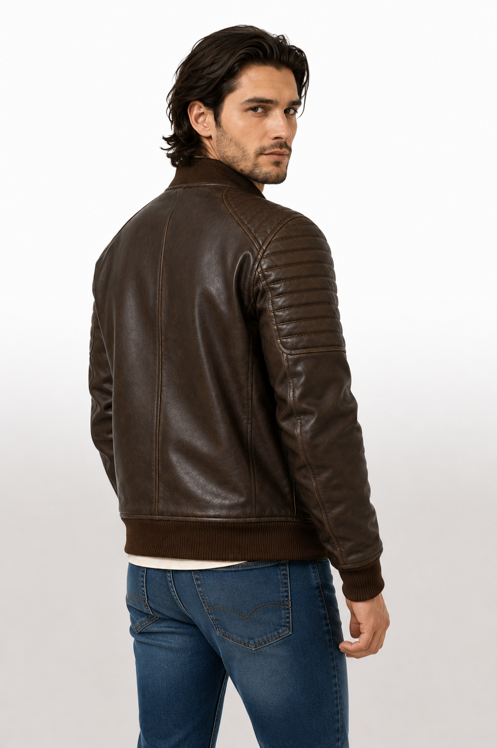 Men's Vintage Brown Genuine Leather Aviator Bomber Jacket with Quilted Shoulders