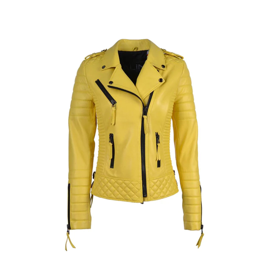 Women`s Yellow Biker Leather Jacket