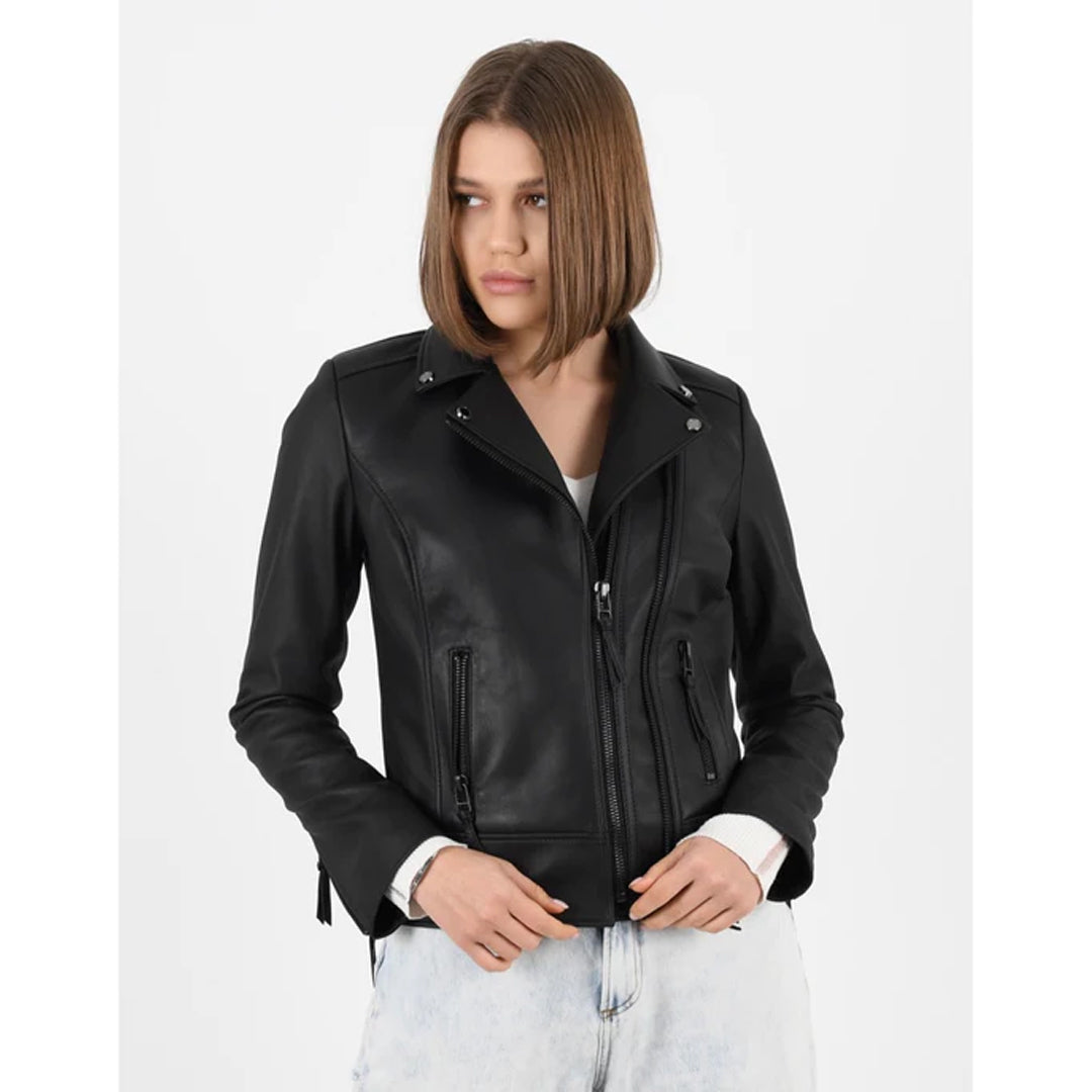 Women’s Black Classic Biker Leather Jacket - Luxurena Leather