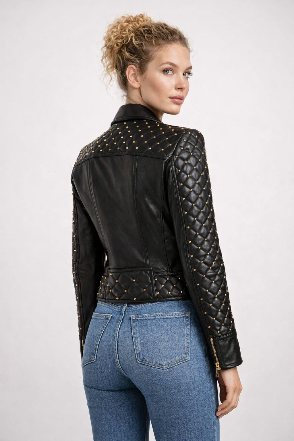 Women's Black Genuine Leather Quilted Gold Studded Brando Classic Jacket - Luxurena Leather