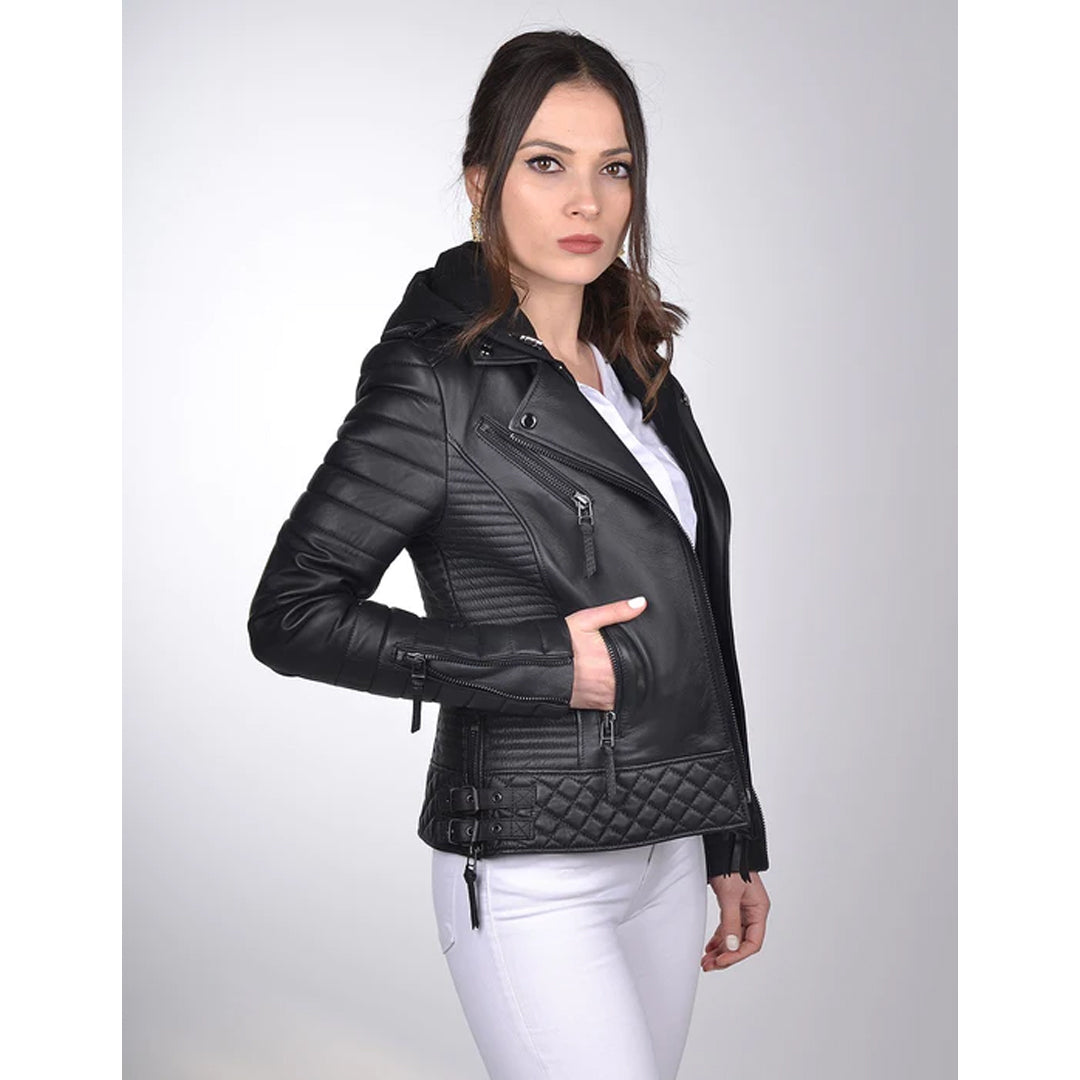 Women's Hooded Black Biker Leather Jacket
