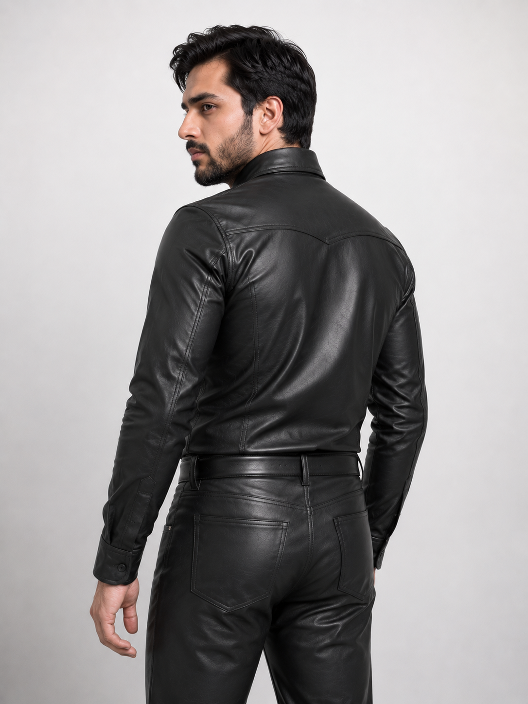 Men's Genuine Black Leather Police Military Shirt - Full Sleeve Real Leather Uniform Style Shirt