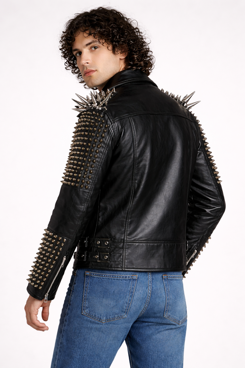 Men's Black Genuine Leather Spike Studded Punk Jacket - Clubwear Biker Style - Luxurena Leather